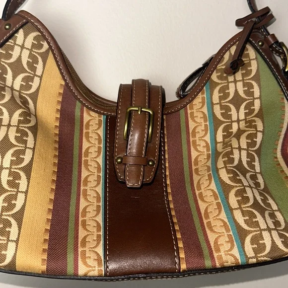 Fossil Shoulder Bag Brown Leather Monogram and Striped Canvas - Picture 6 of 15